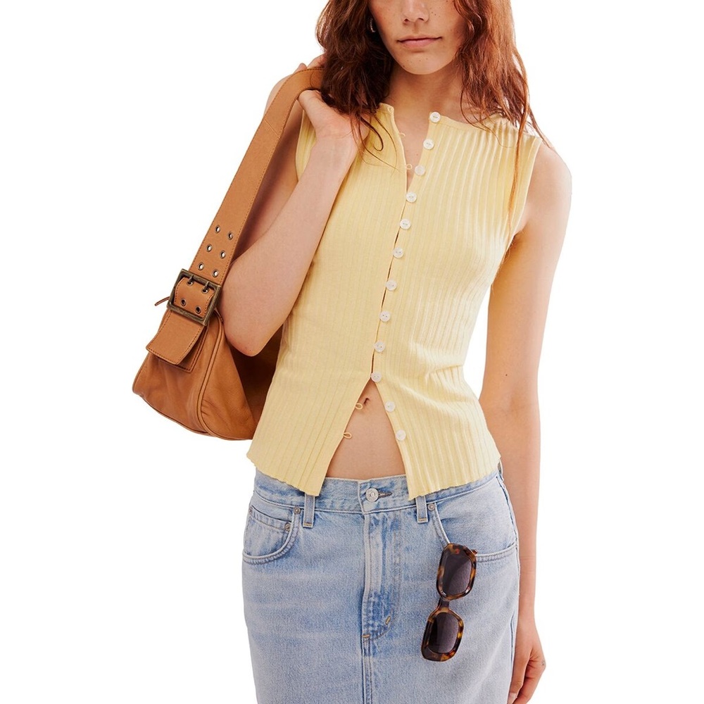 Free People Anthropologie Sleeveless Yellow Ribbed Top Shirt Vest Medium 8 10 12